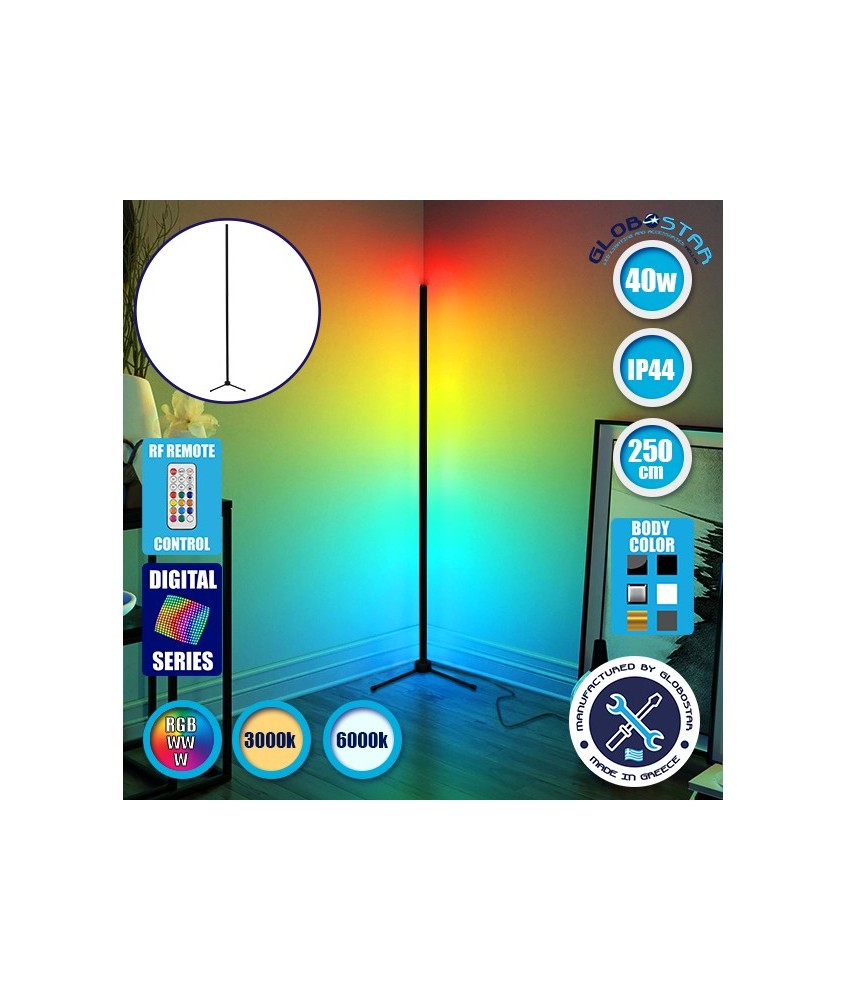 Μοντέρνο Minimal Επιδαπέδιο Μαύρο Φωτιστικό 250cm LED 40 Watt με Ασύρματο Χειριστήριο 2.4G RF & Dimmer RGBW+WW Πολύχρωμο Digital Magic Dot Pixel GloboStar ALIEN Design GLOBO-250-11